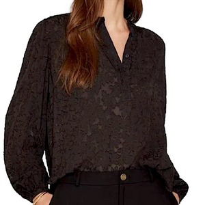 NEW Club Monaco. Black popover floral semi sheer blouse. Puffed sleeve.